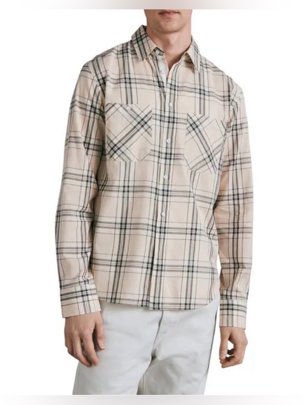 Rag & Bone Gus Plaid Button Shirt Small Cream Cotton Preppy Heritage Americana